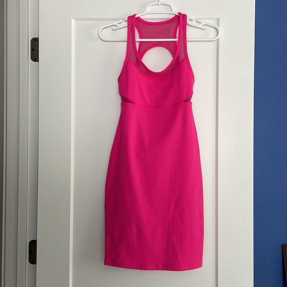 NWT neon pink hot pink athletic mini dress strappy back mesh cut out FABLETICS